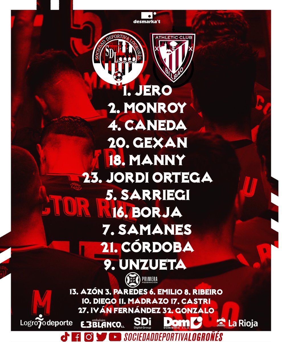 SDLogrones's tweet photo. ALINEACIÓN | 🇦🇹

XI inicial para enfrentarnos al Bilbao Athletic en esta espectacular mañana de domingo.

⚔️ ¡A por los 3️⃣ puntos! ⚔️

#SDLogroñésBilbaoAthletic https://t.co/UKmyWy22QL