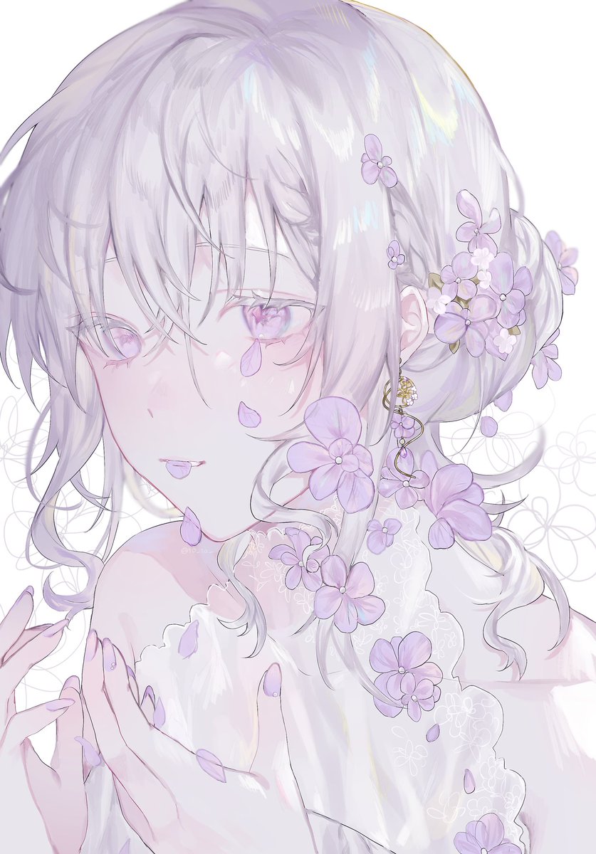 1girl solo flower hair ornament petals hair flower purple nails  illustration images
