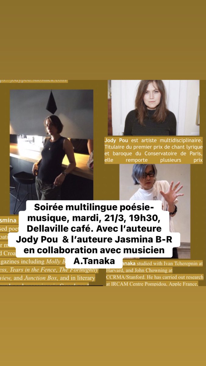 You are invited to a #multilingual evening of #poetry & #music at the Delaville café, Paris, Tue 21/3/23, 19h30. 💥 Soirée #multilingue de #poesie & #musique. Avec Jody Pou & Jasmina Bolfek-Radovani en collaboration avec Atau Tanaka @atautanaka #spokenword #sound #experimental