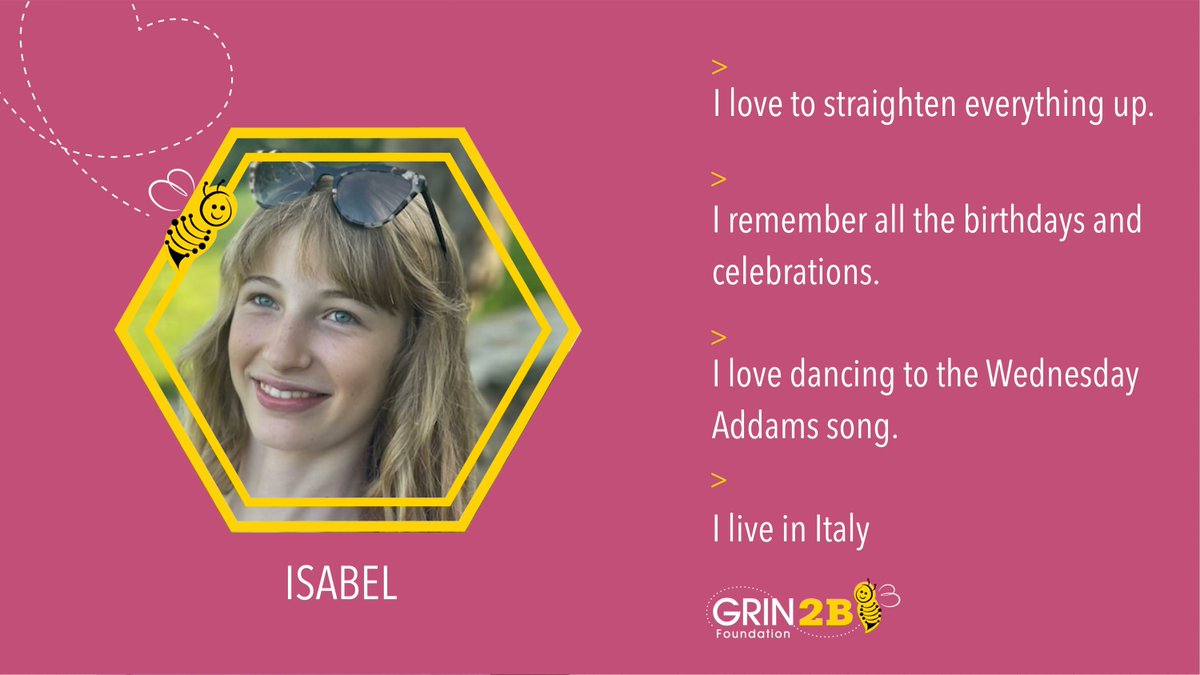 GRIN2Bsyndrome's tweet photo. Meet Isabel from Italy! She loves to clean up and do the Wednesday Adams dance! 💛🐝💛
#facesofGRIN2B #grin2bees #GRIN2BAwareness https://t.co/MlewdJ6zaI