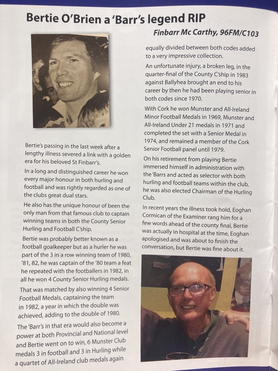 mickfinn01's tweet photo. Nice piece on the great Bertie O’Brien in the Cork v Wexford match programme @the_Barrs https://t.co/4WhbaXcwwf