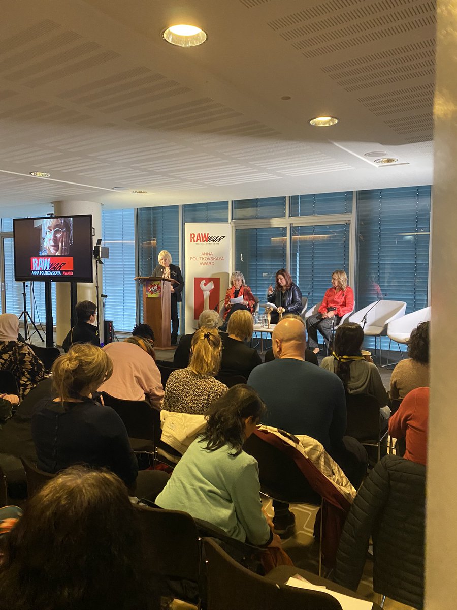 catherine_mayer's tweet photo. Everything at this year’s @WOWisGlobal feels relevant but what urgency to this year’s #AnnaPolitkovskaya awards. Event opens with @judekellystudio @RawinWar’s brilliant @KatzarovaM &amp; @HelenaKennedyQC and Anna’s sister Elena Kudimova. Anna was killed after speaking out about Putin https://t.co/GsH76N6Qk6