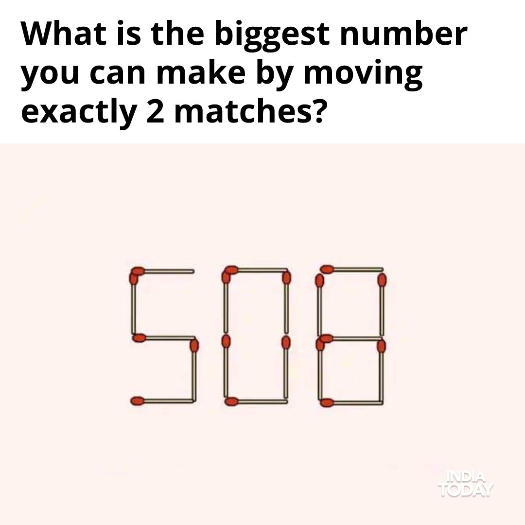 IndiaToday's tweet photo. What is the biggest number you can make by moving exactly 2 matches?

#YourSpace #maths #Mathquiz #Quiz #genius https://t.co/3dlCcvLiEW