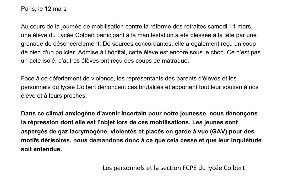 ⚠️ Information à diffuser largement suite à 2 mineurs qui ont finis à l’hôpital <a href="/colbert_paris/">ColbertParis</a> <a href="/S_Legrain/">Sarah Legrain</a> <a href="/Academie_Paris/">Académie de Paris</a>  <a href="/FCPE_Paris/">FCPE Paris</a> @UL10_FCPEParis <a href="/julienbayou/">Julien Bayou</a> <a href="/ColbertEnColere/">Lycée Colbert en colère</a> <a href="/education_gouv/">Ministère Éducation nationale</a> ! Nous attendons vos soutiens et témoignages ! Merci 🙏