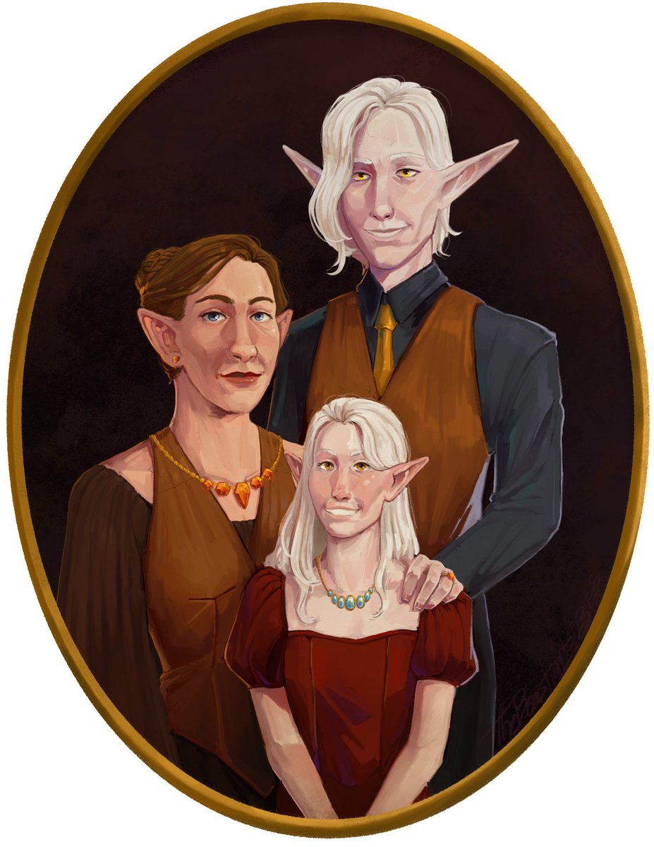 Murcybabe's tweet photo. Absolutely gorgeous commission. You can find the artist here and on Instagram under @TheBeastiaryArt - this is a painting of Airy and her parents from her childhood, before ✨ The Trauma ✨ I can’t describe how thrilled I am with it!! The uniforms and the creepy eyes!! Ahh!! https://t.co/AVb38Uyfoa