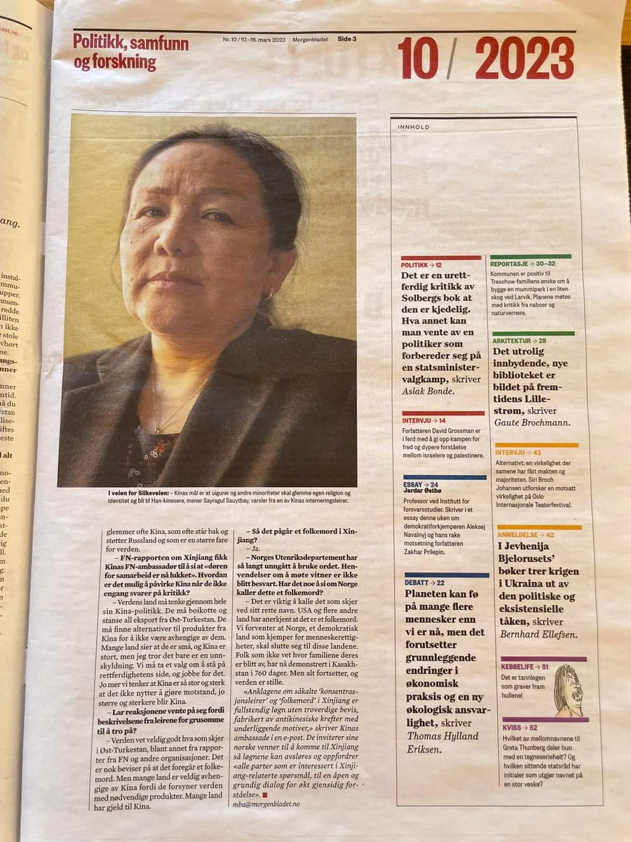 AlarmChina's tweet photo. #NorwegianParliament - #UyghurGenocide

#Kina: #Uigiurer og andre #minoriteter

#Morgenbladet  10 mars 2023 #Norway

"If you want to destroy a nation, start with the women first"
From the transcript of an #interview given by Ms. #SayragulSauytbay to a #NorwegianNewspaper."

/1 https://t.co/YFQjEhXw8z
