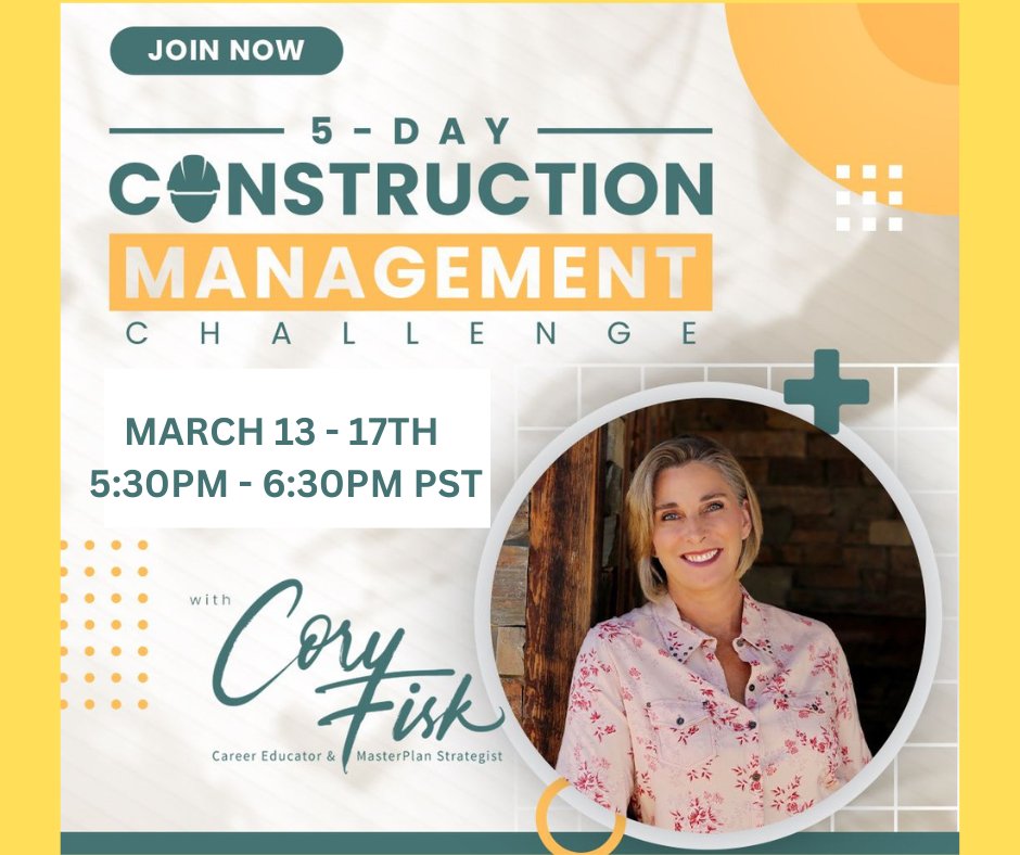 CoryThomasFisk's tweet photo. DON'T WAIT TO TRANSITION YOUR CAREER!
👷🚧BE THE CHANGE!!!🚧👷
Register for the FREE
5 Day Construction Management Accelerator Challenge
March 13 - 17th 
5:30PM - 6:30PM PST
Learn what it takes to become a Construction Manager!
https://t.co/ctFuqmidVt https://t.co/YAdLtByEhF