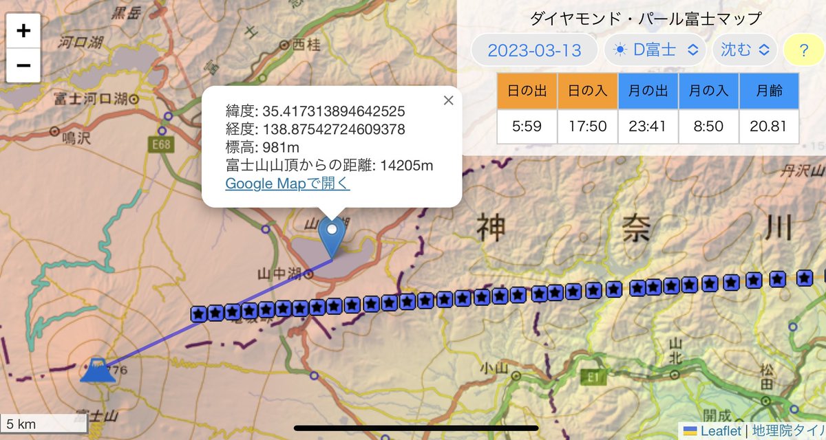 TakahitoYagami's tweet image. 山中湖って標高1000m近くあるんですね。そりゃ標高0mを基準に計算してたらズレるわな。
といっても実際の標高を加味したラインを計算するのは現実味ないので、富士山の平均傾斜角度とかを使ってリニアに標高が下がっていくモデルを想定して計算するか？
#dpfm