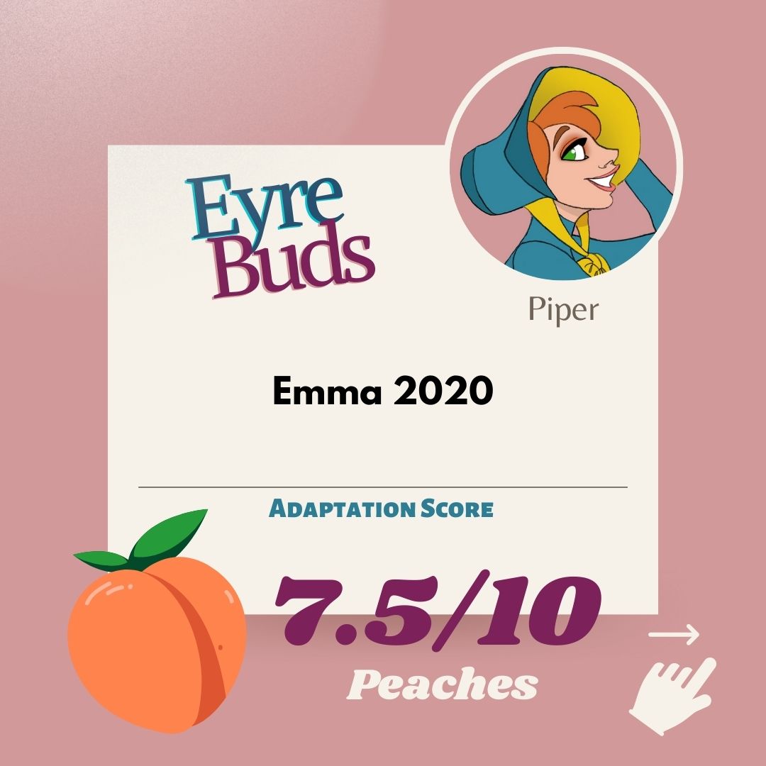 EyreBuds's tweet photo. Our final ratings for #Emma2020! Tomorrow we are back with a new episode with the 1938 Mercury Theater Production with #OrsonWells playing Rochester for the first time.
#janeausten #anyataylorjoy #billnighy #johnnyflynn #mrknightly #alicefrost #JaneEyre #charlottebronte https://t.co/oSCh9T0oSt