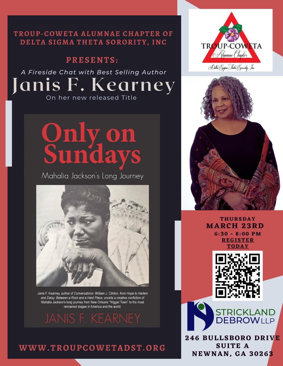 Troup-Coweta Alumnae Chapter of Delta Sigma Theta Sorority, Inc
Presents: A Fireside Chat with Best selling author, Janis F. Kearney
Register Today: forms.gle/LbAaYKAd1zKp1t…