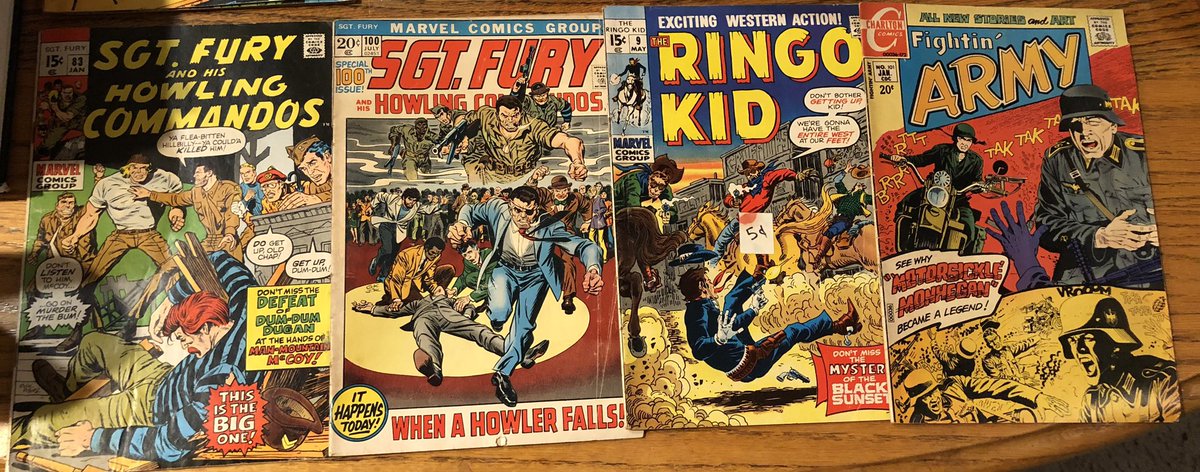 #baggingandboarding some #comicbooks I received from a relative. #Militarycomics and #WesternComics 

2 issues #SgtFury and the Howling Commandos (one featuring some #BrockSamson lookin’ guy #ManMountainMcCoy)

1 issue each or #RingoKid and Fightin’ Army #FightinArmy