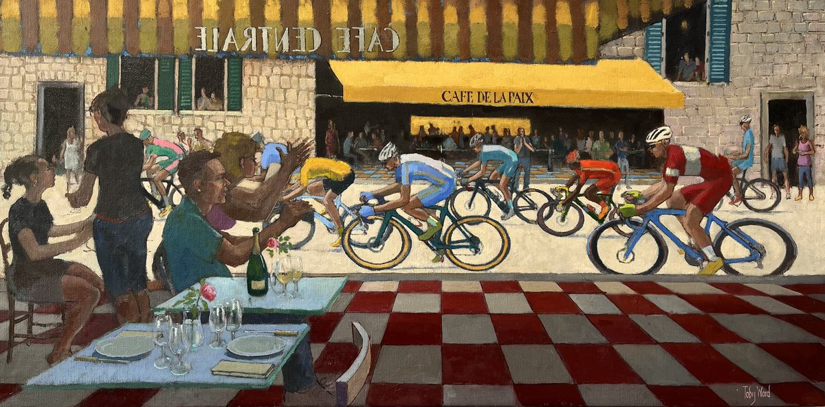 View from the bar, oil on canvas #cycling #cafe #bar #bikeracing