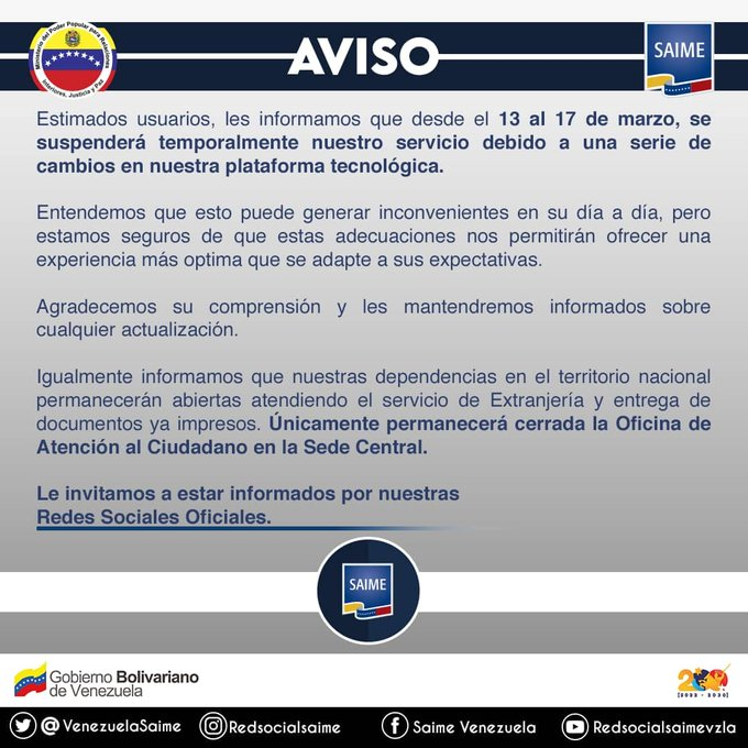🔴 #ATENCIÓN 👁️ 👁️📢 @VenezuelaSaime, Informa que por motivos de adecuaciones tecnológicas en su portal web, que desde el #13Mar hasta el #17Mar sus servicios serán suspendido. @luiscarrillo66 #ChávezComunicador
