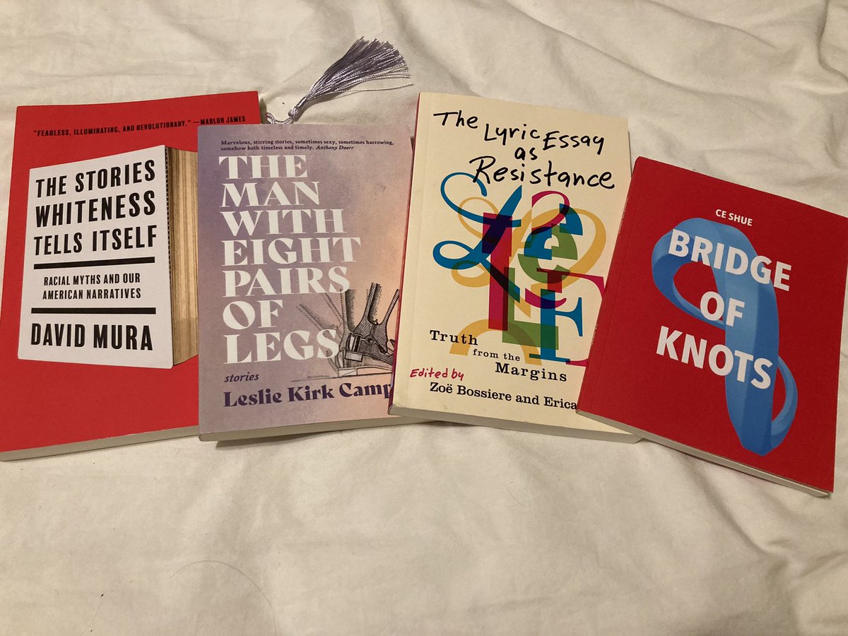 I was fairly restrained in my book purchasing at #AWP23 but I got good ones. @candypoems @zoebossiere @LeslieKirkCamp @MuraDavid