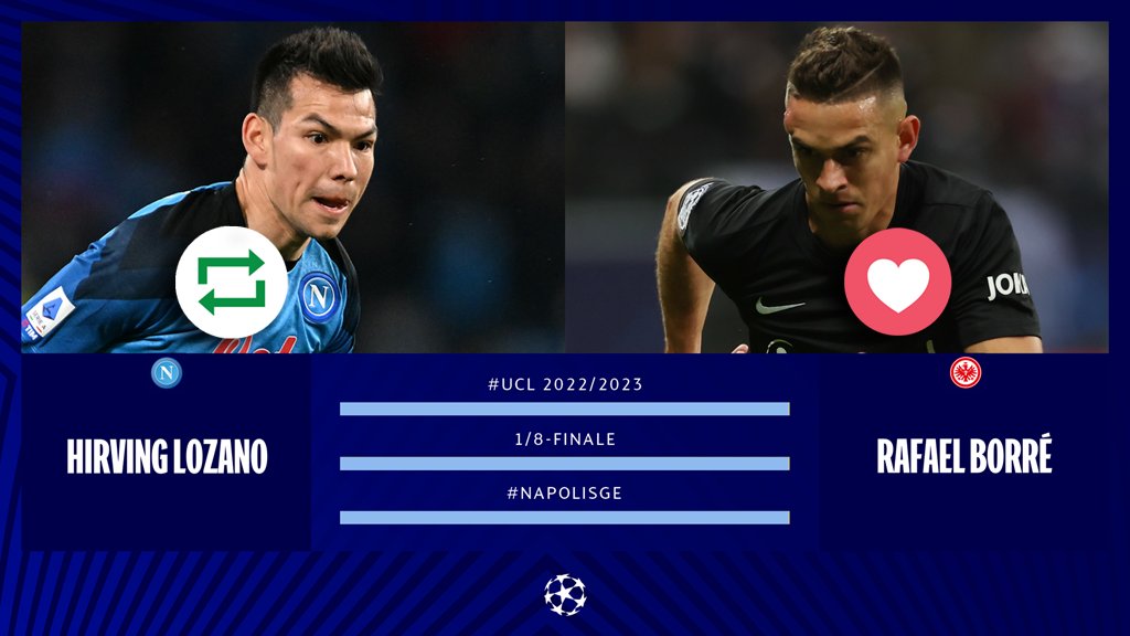 #UCL Countdown! ⏳🤩🙌

🔁 = <a href="/HirvingLozano70/">Hirving Lozano</a> 🇲🇽
❤ = <a href="/RafaelBorre_/">Rafael Borré</a> 🇨🇴

#NapoliSGE | #NAPSGE | <a href="/sscnapoli/">Official SSC Napoli</a> | <a href="/Eintracht/">Eintracht Frankfurt</a>
