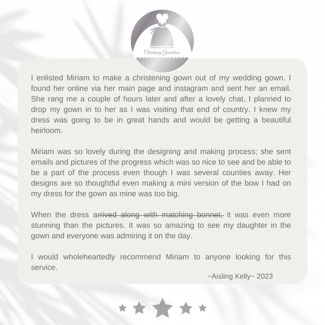 Do you find customer reviews helpful? I do especially when I’m looking for someone I can’t trust. I’m always so grateful for customers who do.💛 #christeninggenerations #curatorofmemories #weddingdressredesign #customerfeedback #customerreview #carlow christeninggenerations.ie/christening-go…