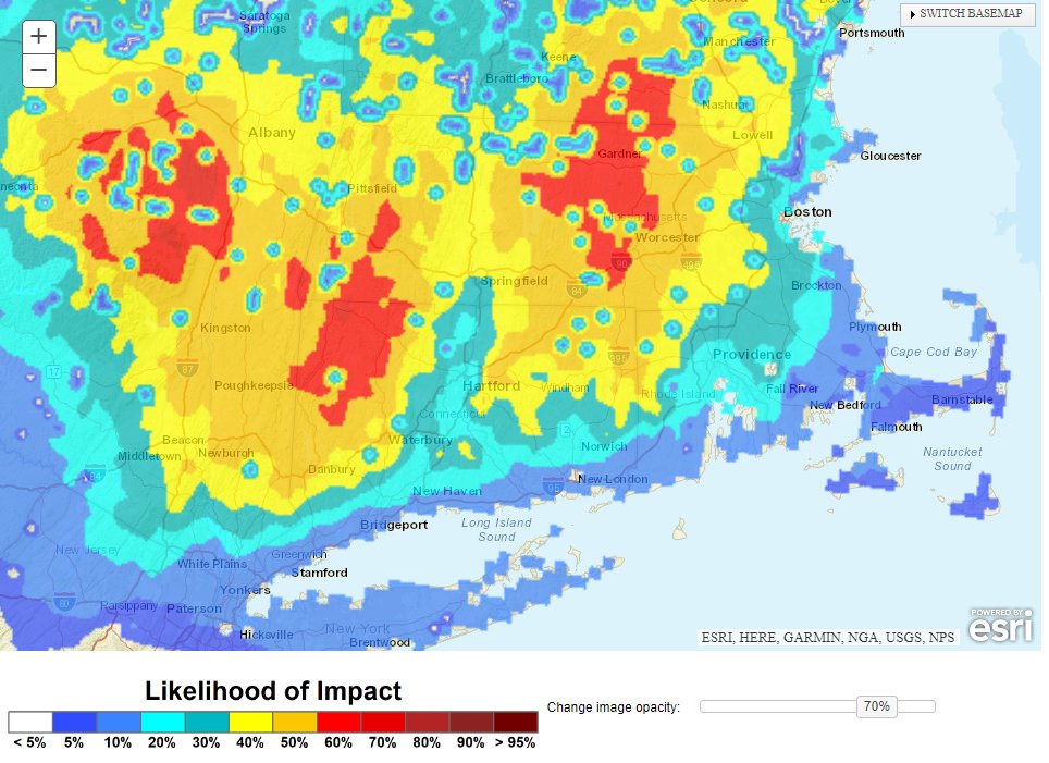 NWSBoston's tweet photo. [#Winter Storm Impacts] Not expected to be exact, but here is the likelihood of impact from #snow load issues late Mon night thru Wed AM - tree damage &amp; associated power outages. Now is the time to begin preparing for potential loss of power.  #MAwx #CTwx #RIwx https://t.co/zRGRwfNFki