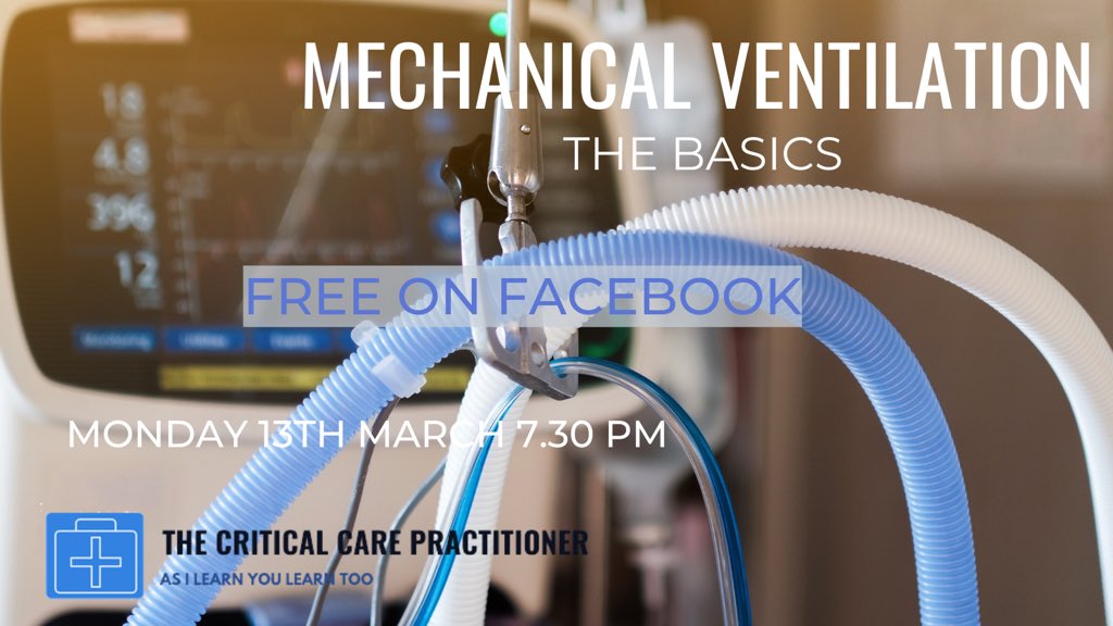 Come join me on FACEBOOK for a live session on the basics of Mechanical Ventilation. I will cover why we ventilate and the problems it might create as well as some of the basic settings you need to know. 

The Critical Care Practitioner on Facebook

March 13TH 7.30 PM