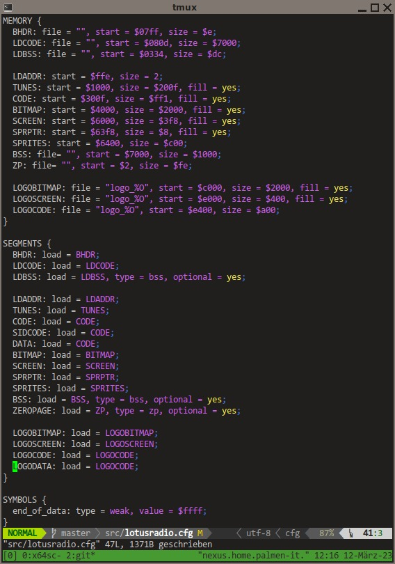 8bitsound's tweet photo. So, #C64 project suddenly gains complexity cause you want to show something while still decrunching the rest ... just gotta love the #linker provided by #cc65 👍 (really, I don't want to think about where stuff is placed in all the source files....) https://t.co/3WWXVlD2su