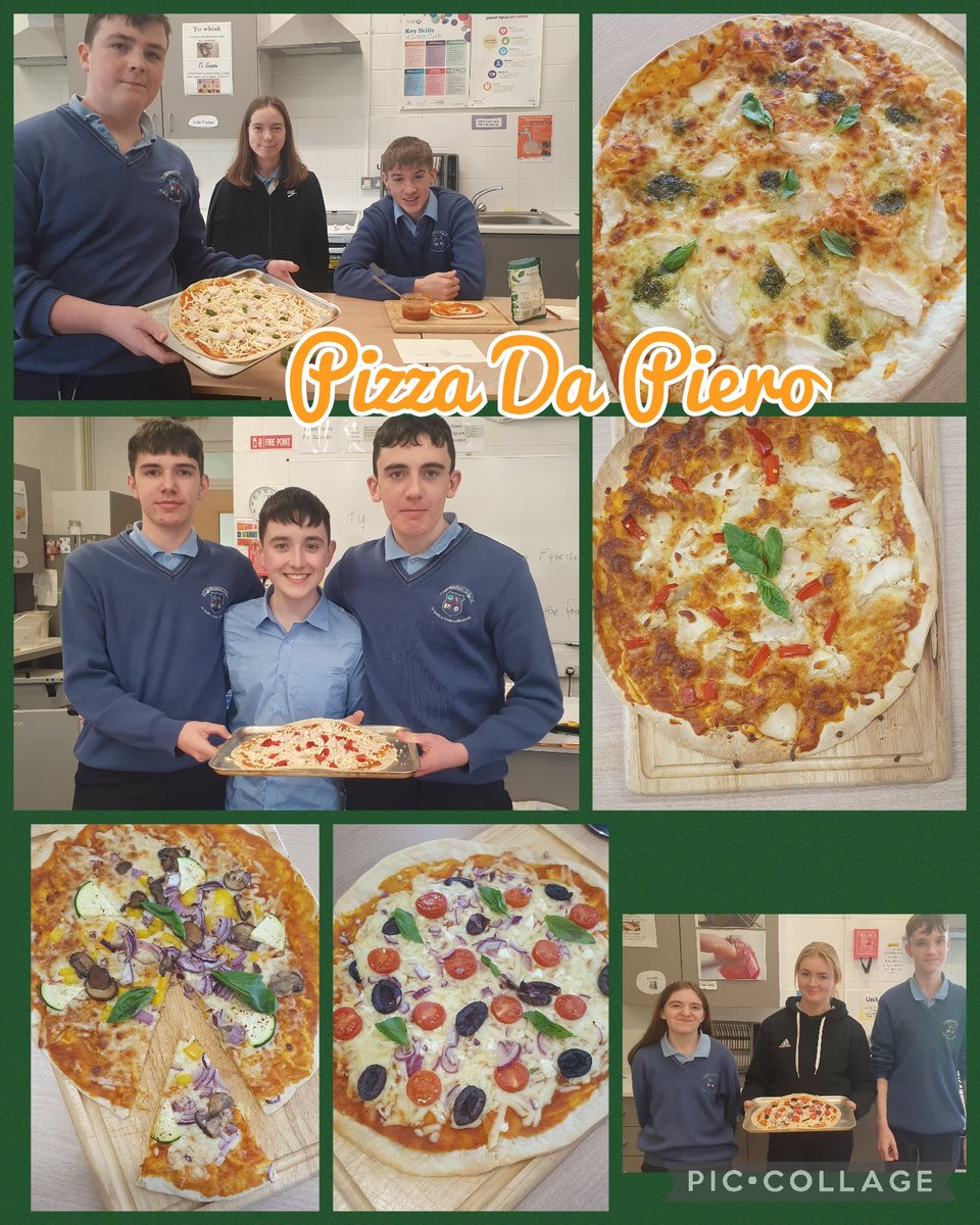 TY entries for the #pizzadapiero competition Group1 and 2 focused on high protein pizzas using lean meat (chicken) and mozzerella, Group 3 (bottom left) created a colourful vegetarian pizza and group 4 bottom right created a Greek Mediterranean style pizza