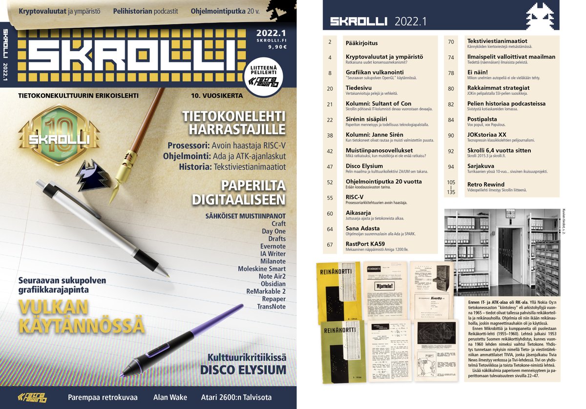 Skrollin perinteisiin kuuluu vanhojen pdf-lehtien vapauttaminen maksuttomaan jakeluun. Noudatamme samaa kaavaa myös tänä vuonna. Lataa yli vuotta vanhemmat Skrollit nyt maksutta osoitteesta: skrolli.fi/numerot Tietokonekulttuurin erikoislehti toivottaa lukuiloa!