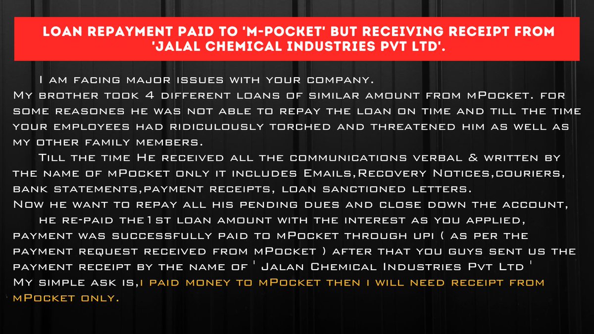 athawale31's tweet photo. Please Don't Fool the customers by taking Loan Re-payments in "m-Pocket's bank Account" and giving them payment receipts of "Jalal Chemical Industries Pvt Ltd" 
How is it possible to do so and Why ??

@RBI @mPokketOfficial  @MahaCyber1 @jagograhakjago @scam https://t.co/8x7x31OTMW