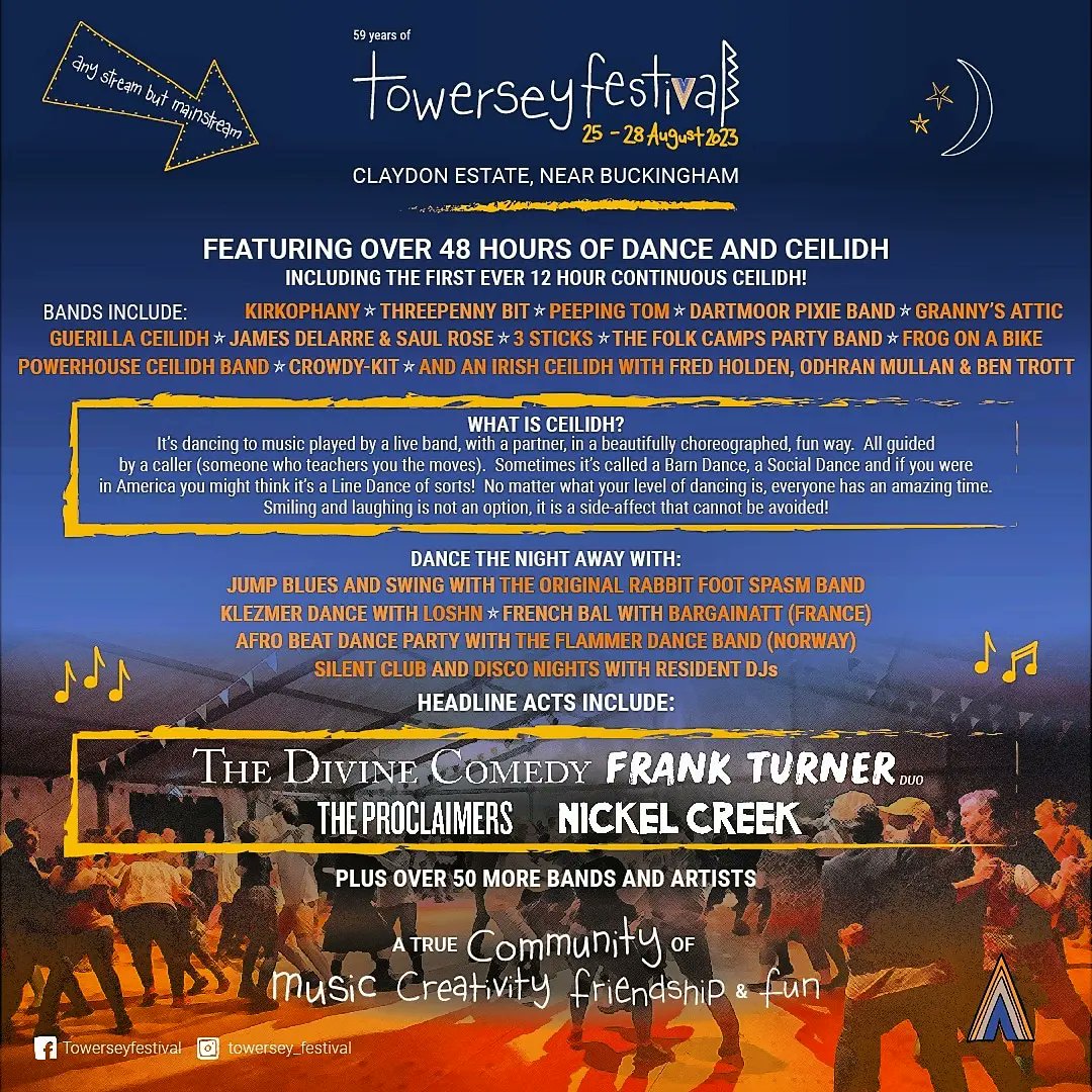 Mega excited to be returning to <a href="/towerseyfesti/">Towersey Festival</a> this August!

We'll be playing in the Dance Tent on the Friday night, and a tunes set on the Bar Stage on Saturday. See you there! 🎶