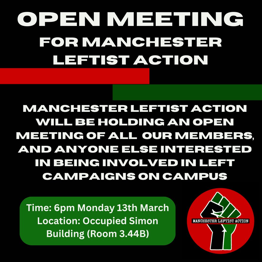 mcrleftaction's tweet photo. Open meeting this Monday - cone along if you want to get more involved in any of MLAs work! https://t.co/DEPBj1irio