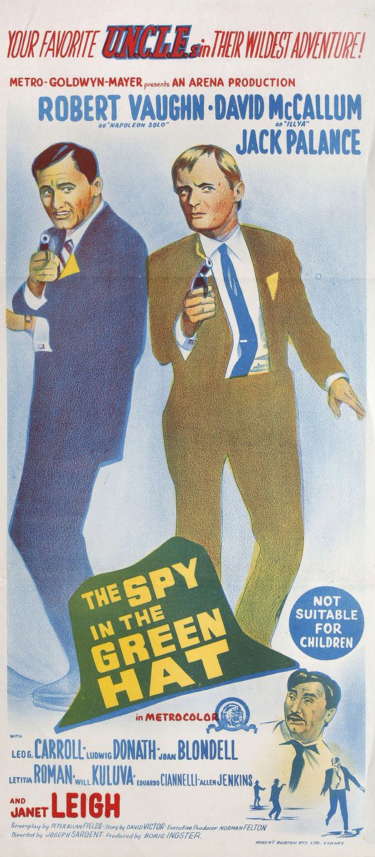 Australian film poster for #TheSpyInTheGreenHat (1967 - Dir. #JosephSargent) #RobertVaughn #DavidMcCallum #JackPalance #JanetLeigh #LeoGCarroll #JoanBlondell #TheManFromUNCLE