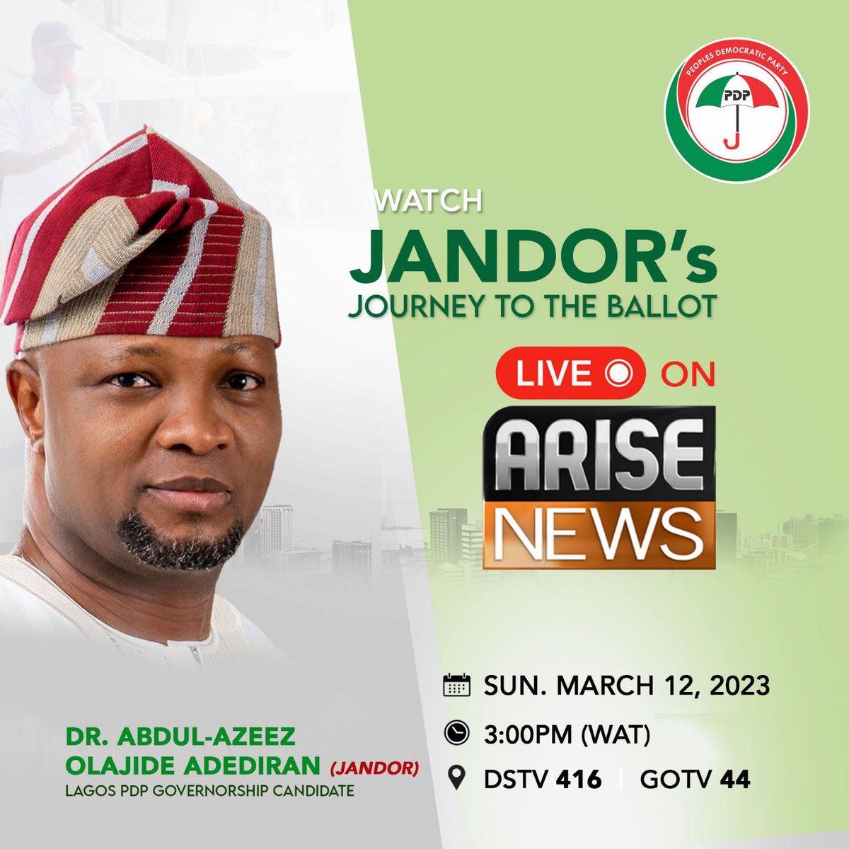 Hello Lagosians 

Please tune in to Arise News (Dstv 416) to watch Jandor’s JOURNEY TO THE BALLOT BY 3:00pm 

It is quite insightful and engaging. Trust me it will be worth your while. 

#JandorFunke23
#JafunEko23
#abreathoffreshair