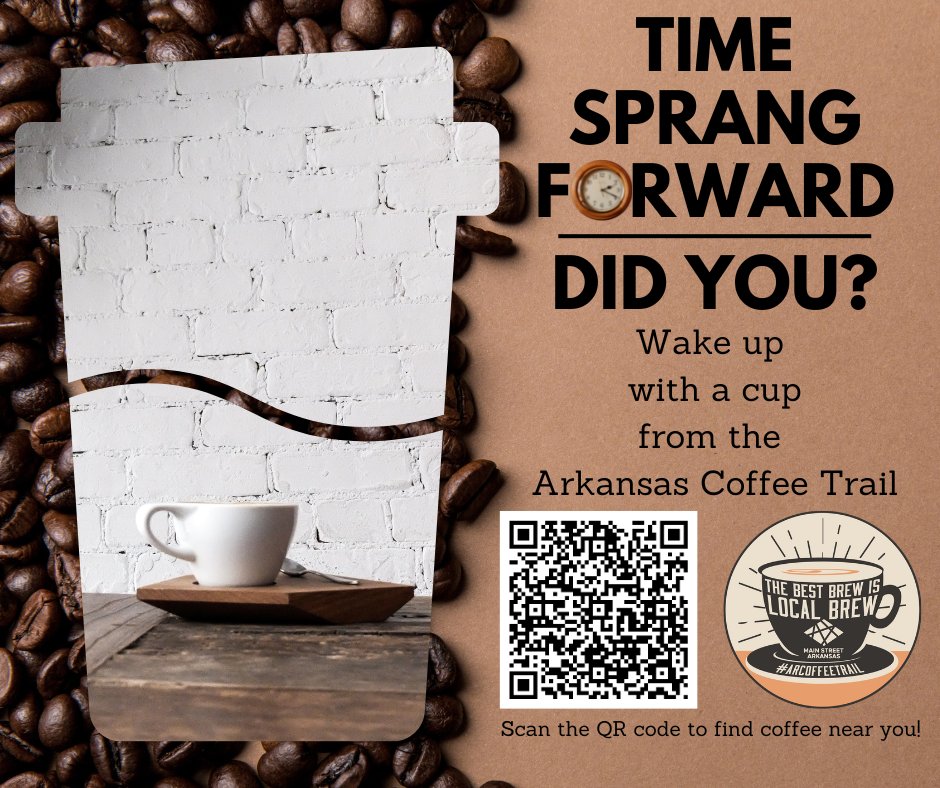 You may have lost an hour of sleep, but you can gain a delicious pick-me-up near you! Share your cup using the #ARCoffeeTrail!

Find your new favorite café: loom.ly/Yc6QeJQ

#WeAreMainStreet #AuthenticArkansas #ArPreservation #MainStreetArkansas #SpingForward #Coffee