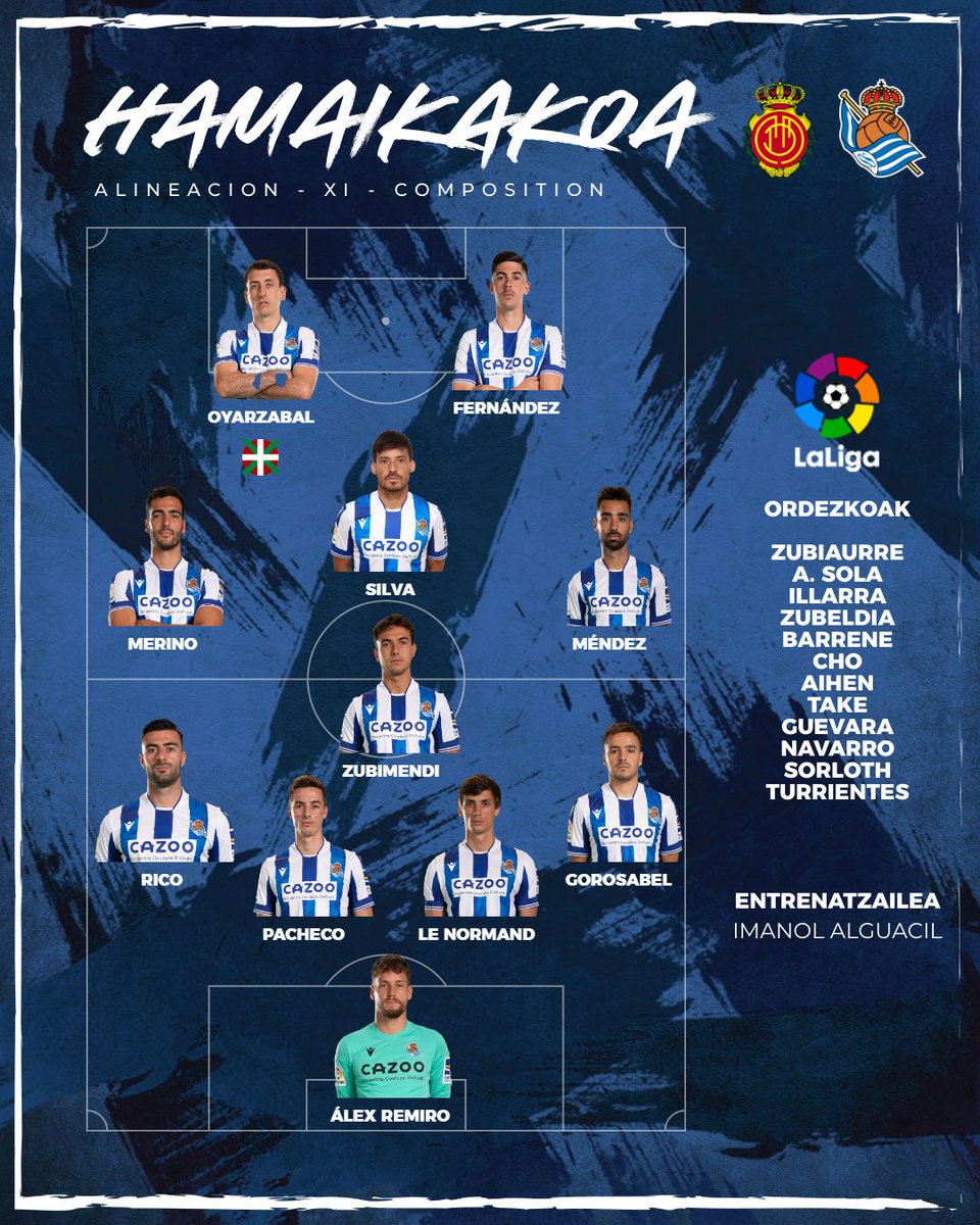 RealSociedad's tweet photo. 📋 ¡La 𝗔𝗟𝗜𝗡𝗘𝗔𝗖𝗜𝗢́𝗡 de la Real 🆚 @RCD_Mallorca!
#RCDMallorcaRealSociedad | #AurreraReala https://t.co/1LYPQLnFx8