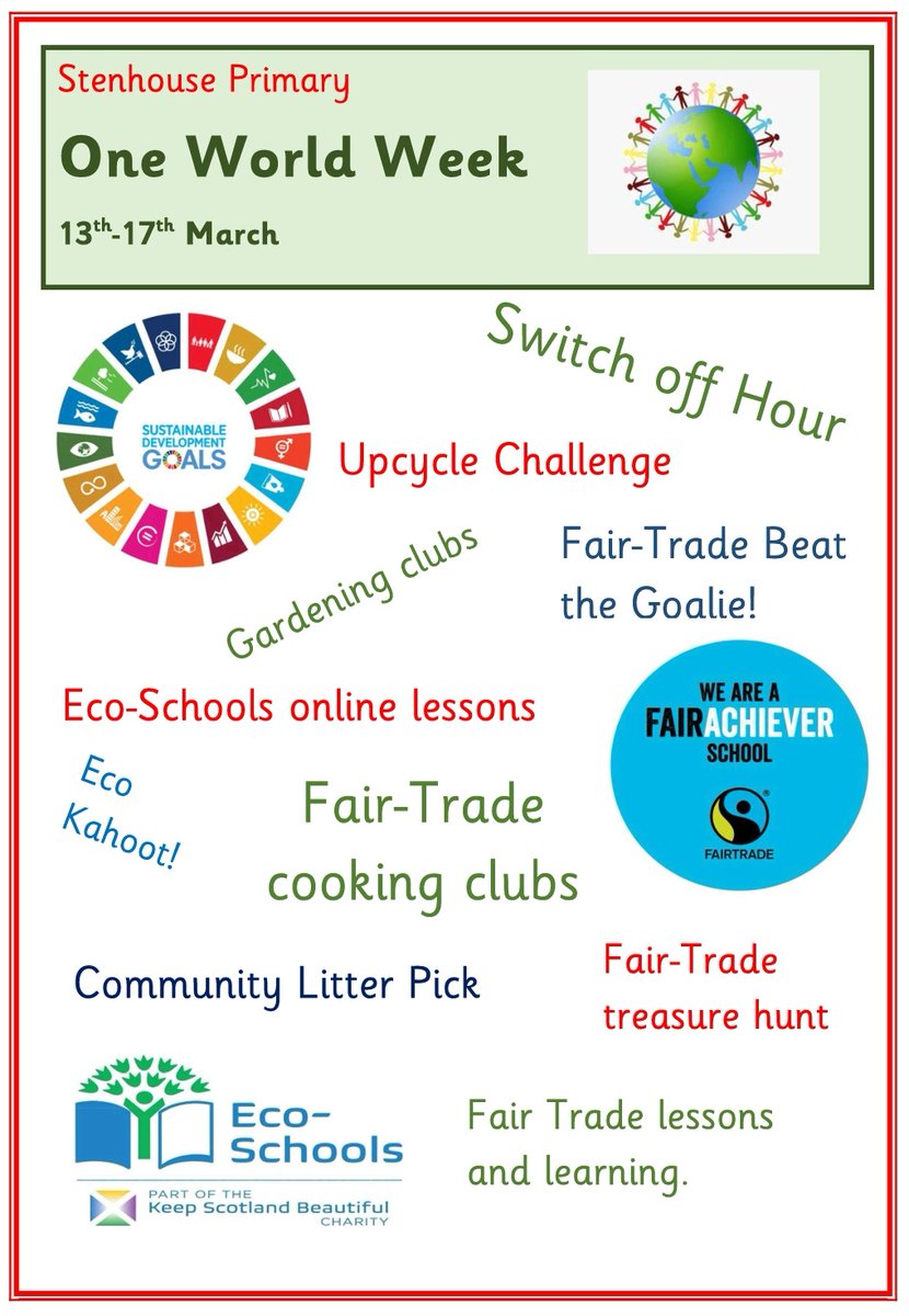 MrsHindSPS's tweet photo. Next week is, 'One World Week' at @StenhousePS, a chance to focus in on our Sustainability work, whilst having a lot of fun at the same time!  Below is a little summary of what will be happening. Watch this space to see how we get on! @EcoSchoolsInt @LfSScotland @PKFairtrade https://t.co/fP7HfxMIEJ