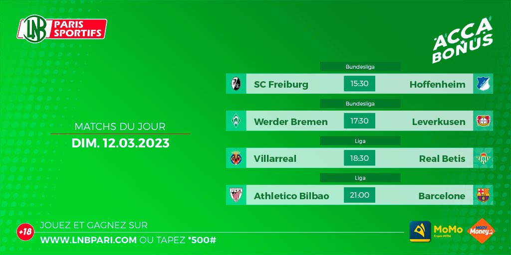 LNBPari's tweet photo. On termine ce #DimancheFoot avec la Bundesliga 🇩🇪 et la Liga 🇪🇸
Profitez de l’Acca Bonus et faites vos combinés via *500# ou sur https://t.co/DDI5qmly01 et obtenez jusqu’à 500% de bonus sur vos gains
🔞|Jeu Responsable
#LNBPari https://t.co/KdWF2dpqze