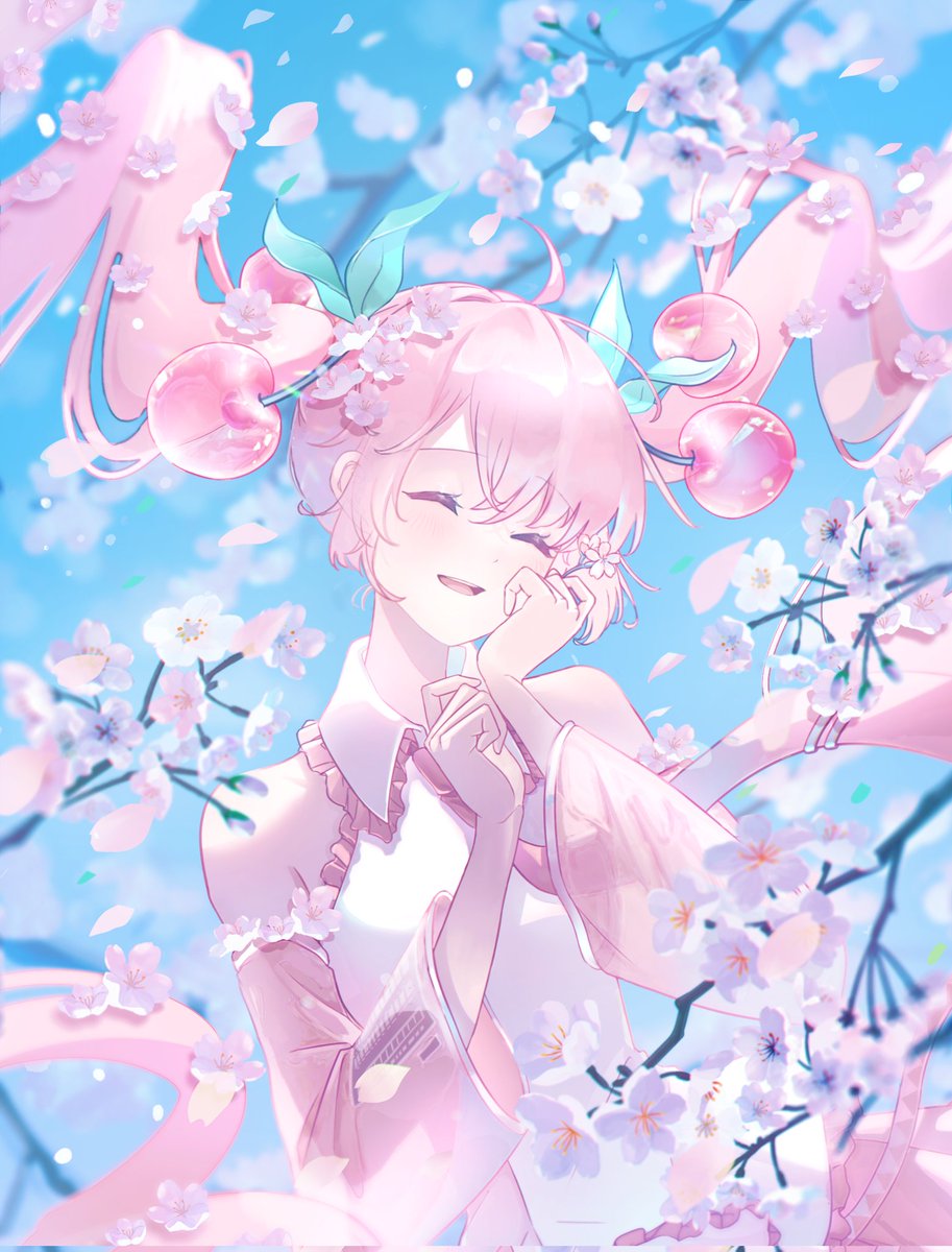 hatsune miku ,sakura miku 1girl twintails hair ornament long hair shirt detached sleeves cherry blossoms  illustration images