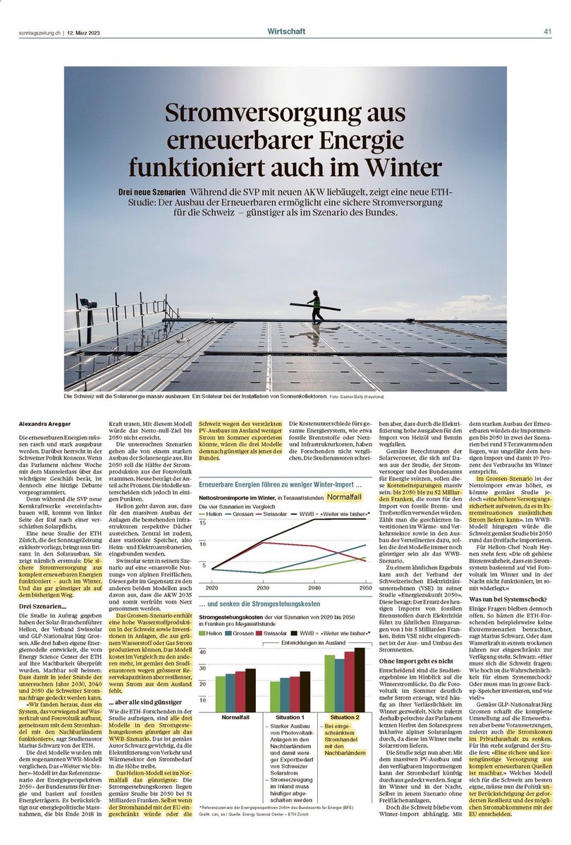 glpTG's tweet photo. Während die SVP mit neuen AK W liebäugelt, zeigt eine neue ETH-Studie: Der Ausbau der Erneuerbaren ermöglicht eine sichere Stromversorgung für die Schweiz - gunstiger als im Szenario des Bundes. #Sonntagszeitung https://t.co/csSDVK2G2x