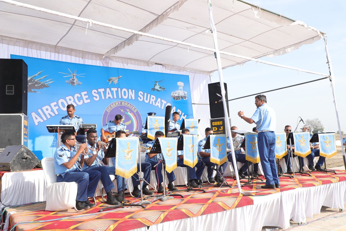 Today, #SuryaKiranAerobaticTeam displayed it's signature manoeuvres over AF Stn Suratgarh, Rajasthan. The Skydiving  team #AkashGanga,  #AirWarriorDrillTeam & #IAF Band also performed during the awareness programme. #HarKaamDeshKeNaam