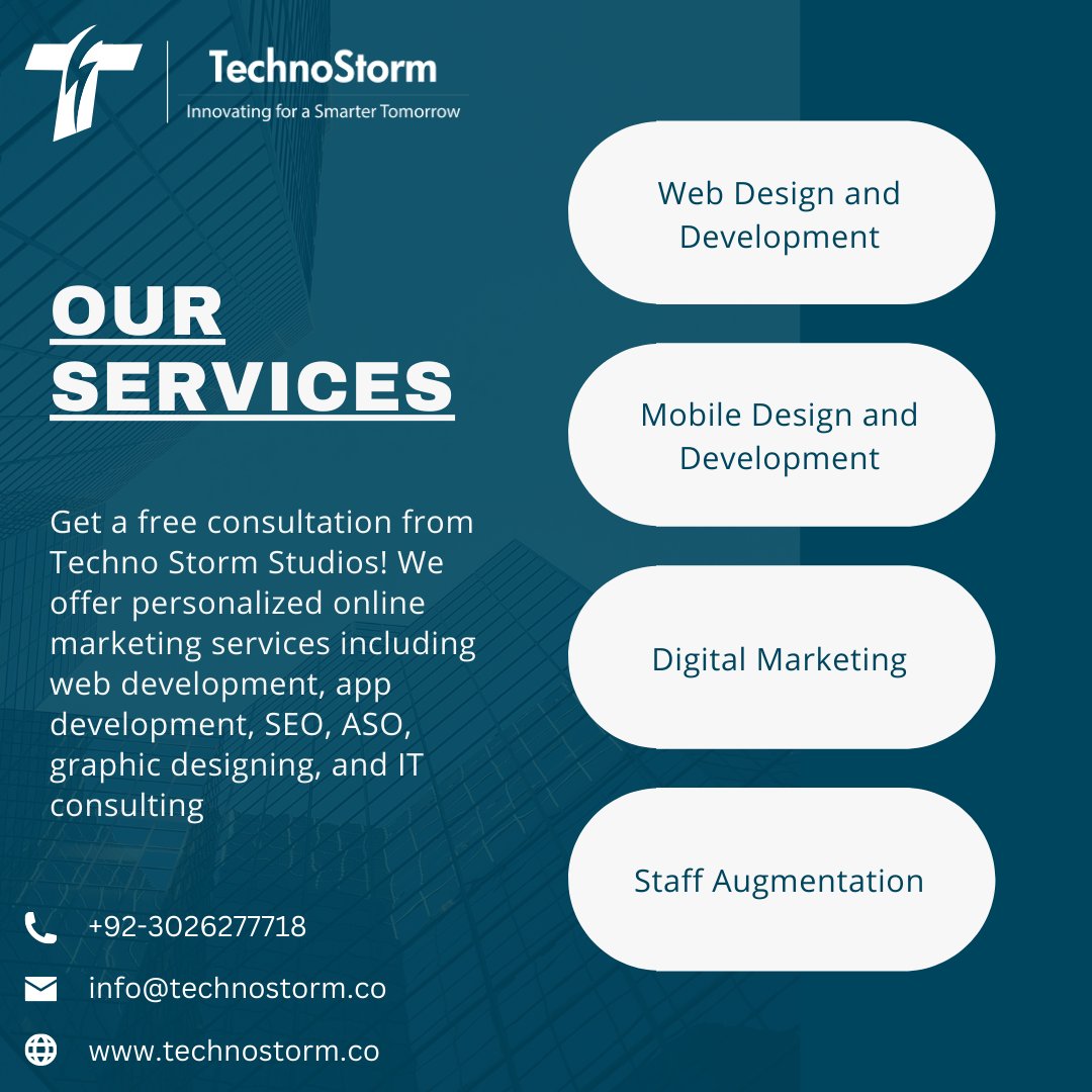 TechnoStormCo's tweet photo. Unlock the full potential of your online presence with Techno Storm Studios! Follow us for expert web development, app development, SEO, ASO, graphic designing, and IT consulting services. Let's take your business to the next level! #TechnoStormStudios https://t.co/uXC5XIH7Vb