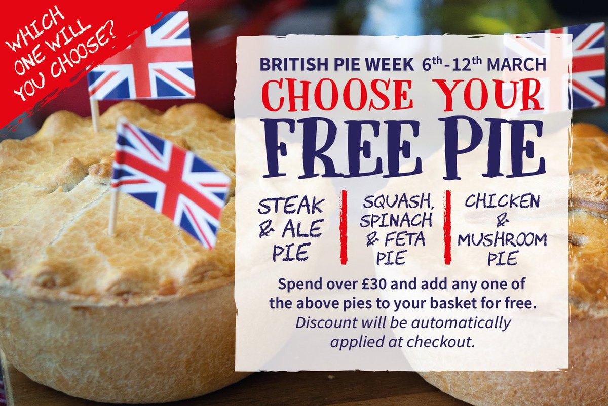mudfoods's tweet photo. Last chance โ offer ends tonight. To celebrate British Pie Week we've been giving away pies! Don't miss out. Choose between Steak and Ale Pie, Chicken and Mushroom Pie, and Squash, Spinach and Feta Pie (vegan).
Minimum order ยฃ30.
#freegift #gift #freepie #freebie #britishpieweek https://t.co/Xwb3OA8LBB