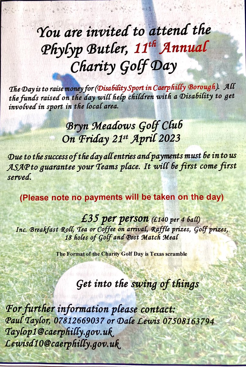 It’s that time of year again , please call or DM to book a team with us !! #11thyear #charitygolf @debbiebut03 @dlewis1989 @paultaylorsport 21.04.23 @BrynMeadows