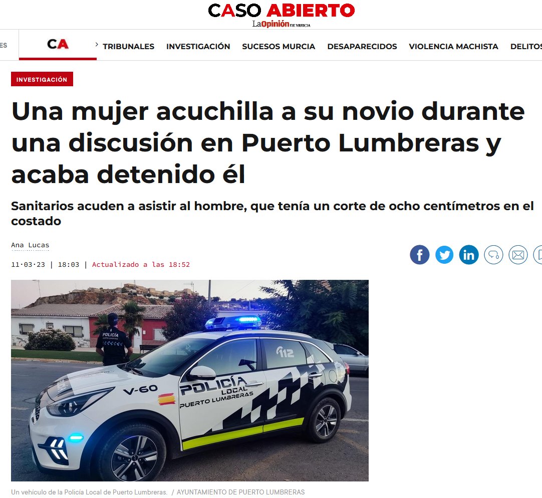 ExpertoIgualdad's tweet photo. ·Una mujer apuñala a su novio porque este no quiere llevarla a un sitio en coche.
·Cuando llegan la policía, la mujer se ha ido y él tiene un corte de 8cm
·Después de ambos declaren detienen al varón por violencia de género, ella queda en libertad.
https://t.co/6ktYHhRVno https://t.co/02xujk9Wmu