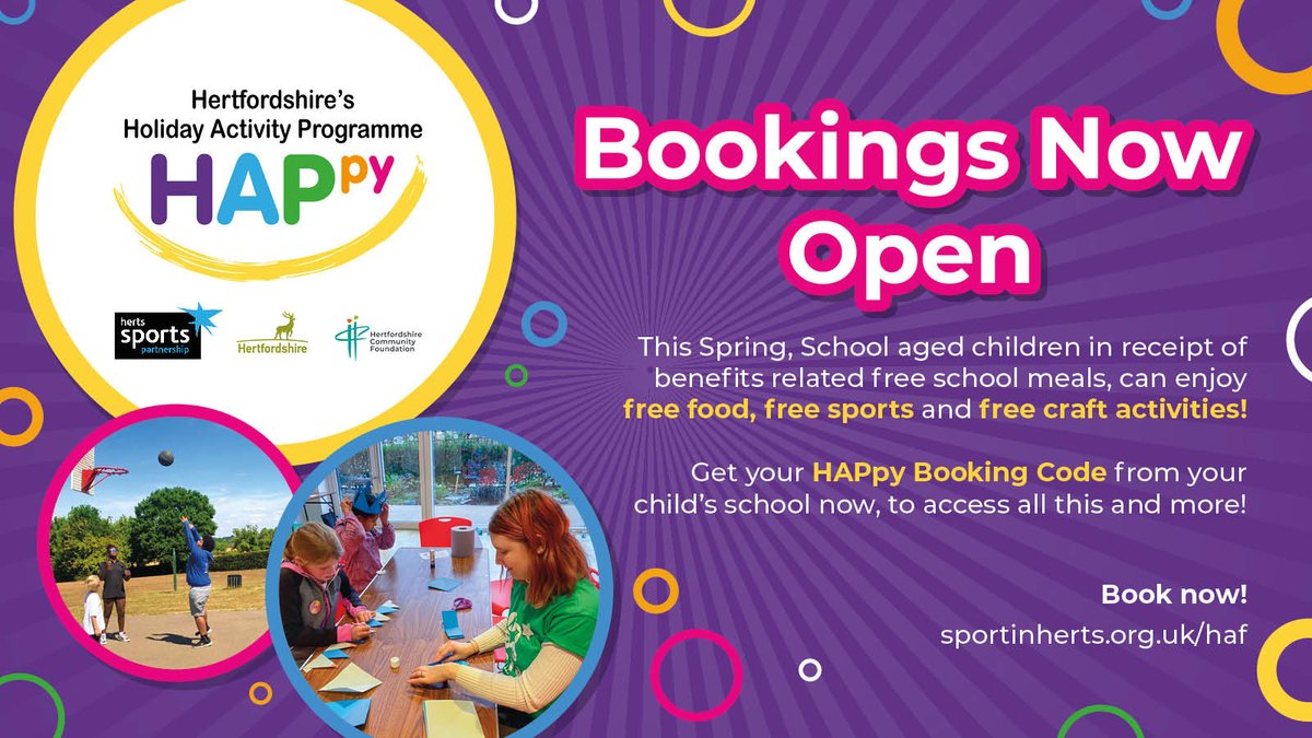 Booking for the Easter HAPpy camps are open!

Camps are for children in receipt of benefits related free school meals. Ask your school for a code to secure your free place. 

With 1000's of places, which camp will you book?

sportinherts.org.uk/booking

#HAF2023
#Hertfordshire