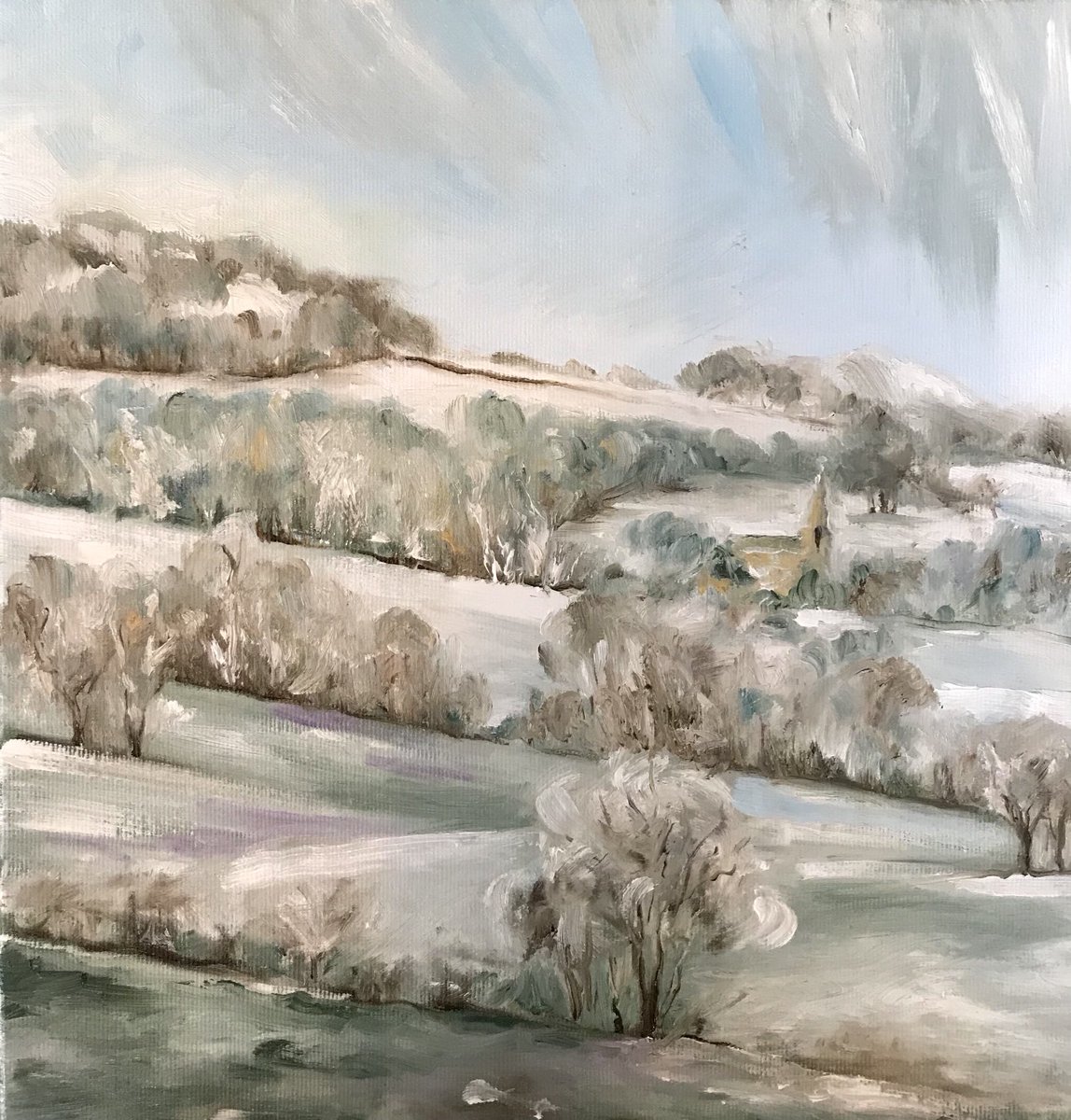 Brrr quick oil sketch of frosty farm fields looking towards Hathersage. Raising money painting farms for ⁦<a href="/FarmingLC/">Farming Life Centre</a>⁩ #peakdistrict #oilpainter #backbritishfarming