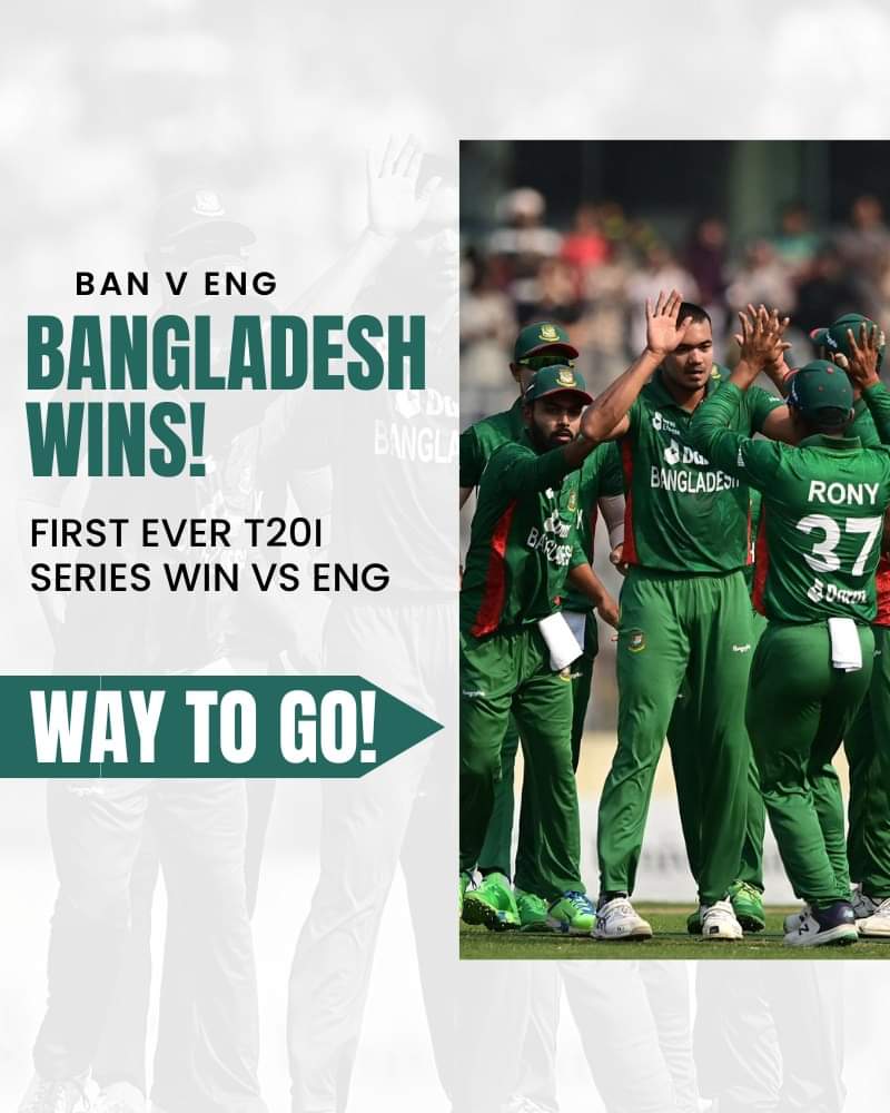joynal_abedin07's tweet photo. Congratulations ! Historic series win! 🇧🇩
Bangladesh marched to an unassailable 2-0 lead to register their first series win against England...
#bdvseng,#bangladesh,#England #winthematch, https://t.co/PUhhNWKYtT