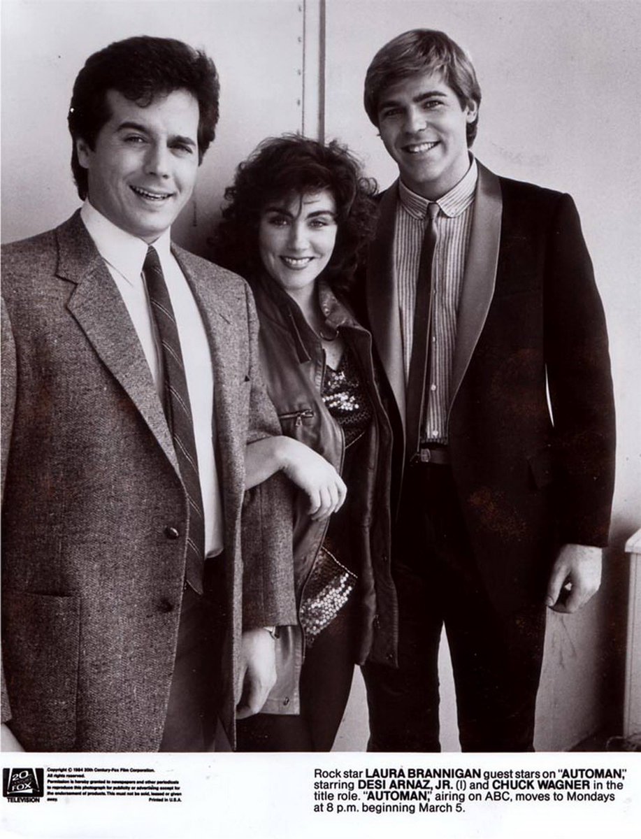 #PromoPhoto released by 20th Century-Fox for #sciencefiction superhero #TV series #Automan, feat. series stars #DesiArnazJr (left) & #ChuckWagner, along w/ #LauraBranigan, guest star in 'Murder MTV' episode (3/12/84). ~ Kathy Golik, Legacy Manager
#Actress #80s #Acting #Pop