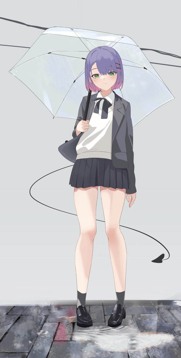 tokoyami towa 1girl solo purple hair skirt demon tail transparent umbrella green eyes  illustration images