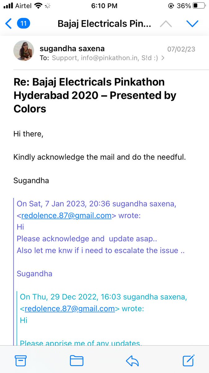 Sid_Stevenz's tweet photo. @PinkathonIndia @youtoocanrun 
@milindrunning 
Bajaj Electricals Pinkathon Hyd 2020 scheduled on 29.03.20 never happened due covid19. My wife repeatedly sought refund of Rs 800 fees via email. Account details were sought and shared several times but no effect.
Kindly refund. https://t.co/n43dASDRF2