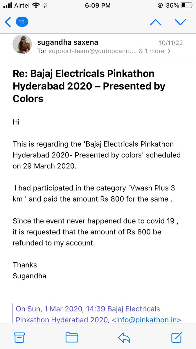 Sid_Stevenz's tweet photo. @PinkathonIndia @youtoocanrun 
@milindrunning 
Bajaj Electricals Pinkathon Hyd 2020 scheduled on 29.03.20 never happened due covid19. My wife repeatedly sought refund of Rs 800 fees via email. Account details were sought and shared several times but no effect.
Kindly refund. https://t.co/n43dASDRF2