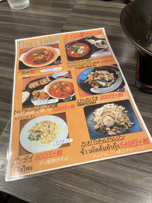 定食ごっちゃま後に店員さんに「タイ料理…」って呟いたら、コソコソ声で「メニューお持ちしますね…」とスッと出されたこのメニ