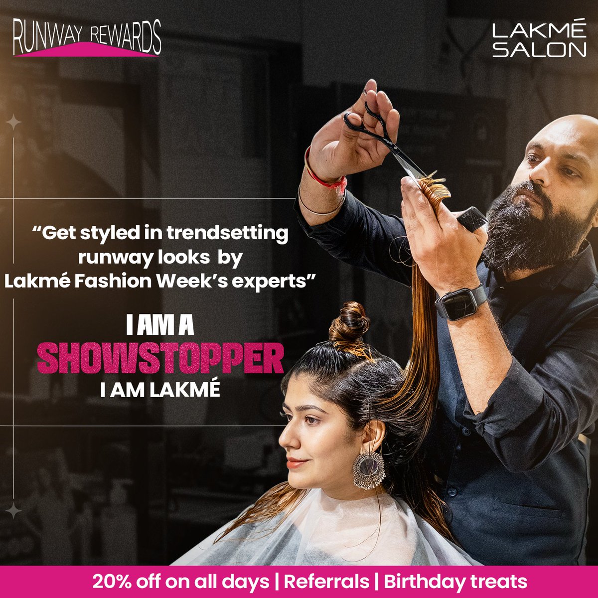 Experience the life of a trendsetter and be a Showstopper every day with Lakmé Salon. ✨ 

Avail rewards, offers, free services, gift cards &amp; much more with #RunwayRewards!

#LakméSalon #LoyaltyProgram #Showstopper #Trendsetter #HappyYou #IrresistibleOffers #BackstageHeroes